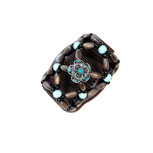 Turquoise Flower Wooden Double Comb Clip