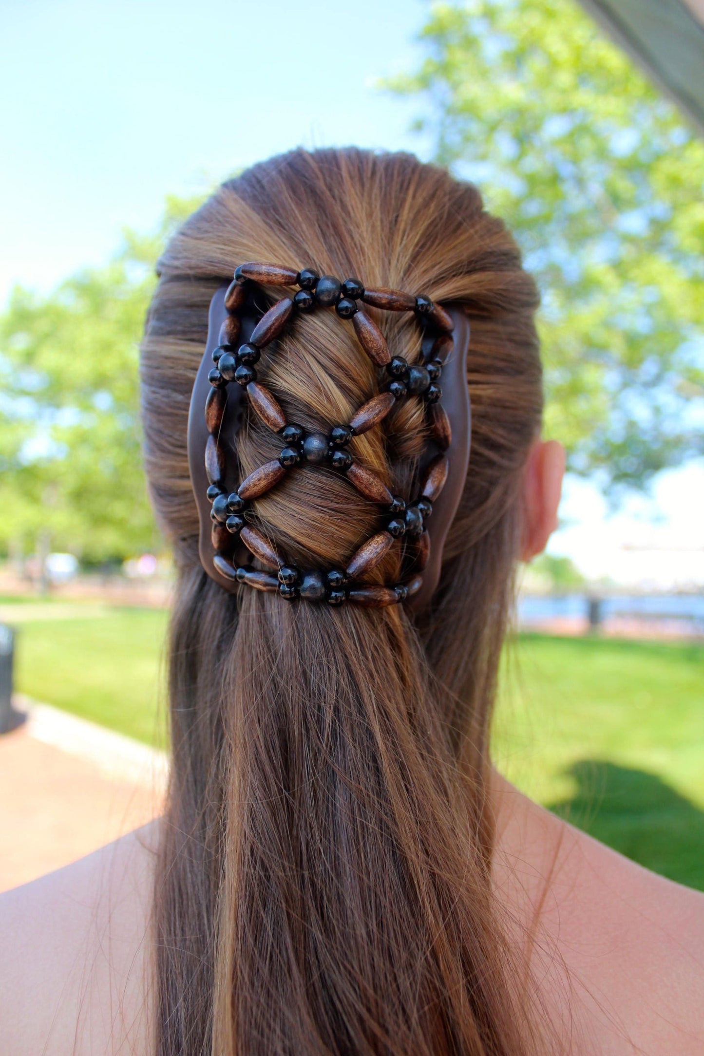Hair Clip Women Thick or Average Hair Type, Wooden Bun Maker, French Twist Holder, Pony Tail, Double Comb Wooden Beads Holds Hair all day.