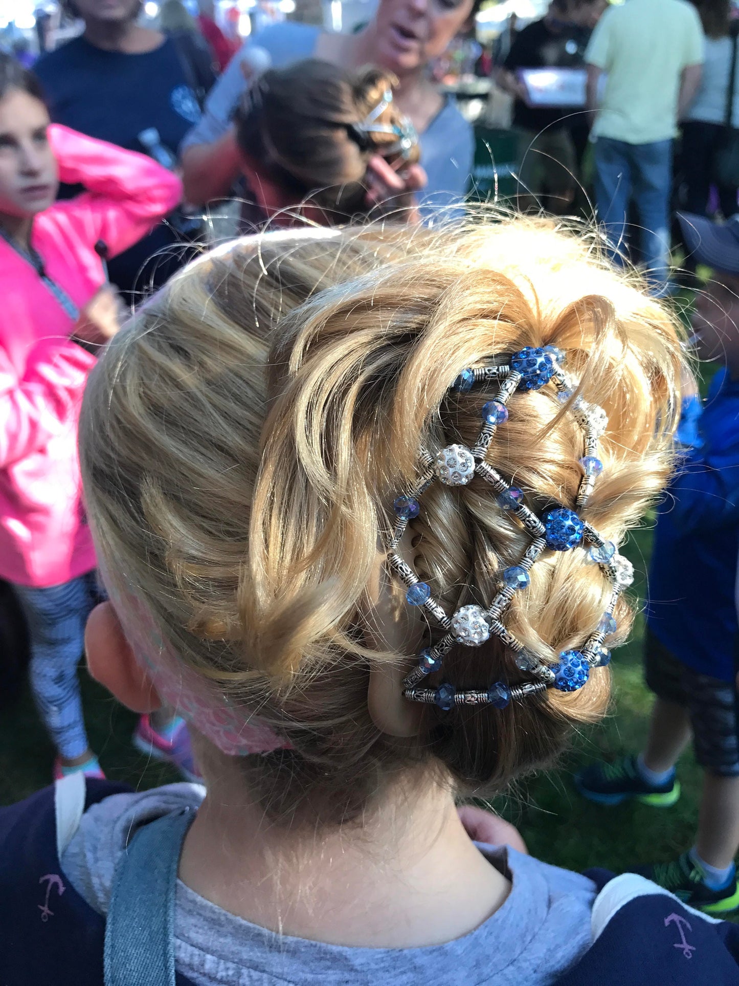 Decorative hair comb with blue crystals, double clip for fine and short hair, bun maker, pony tail holder, french twist holder all day.