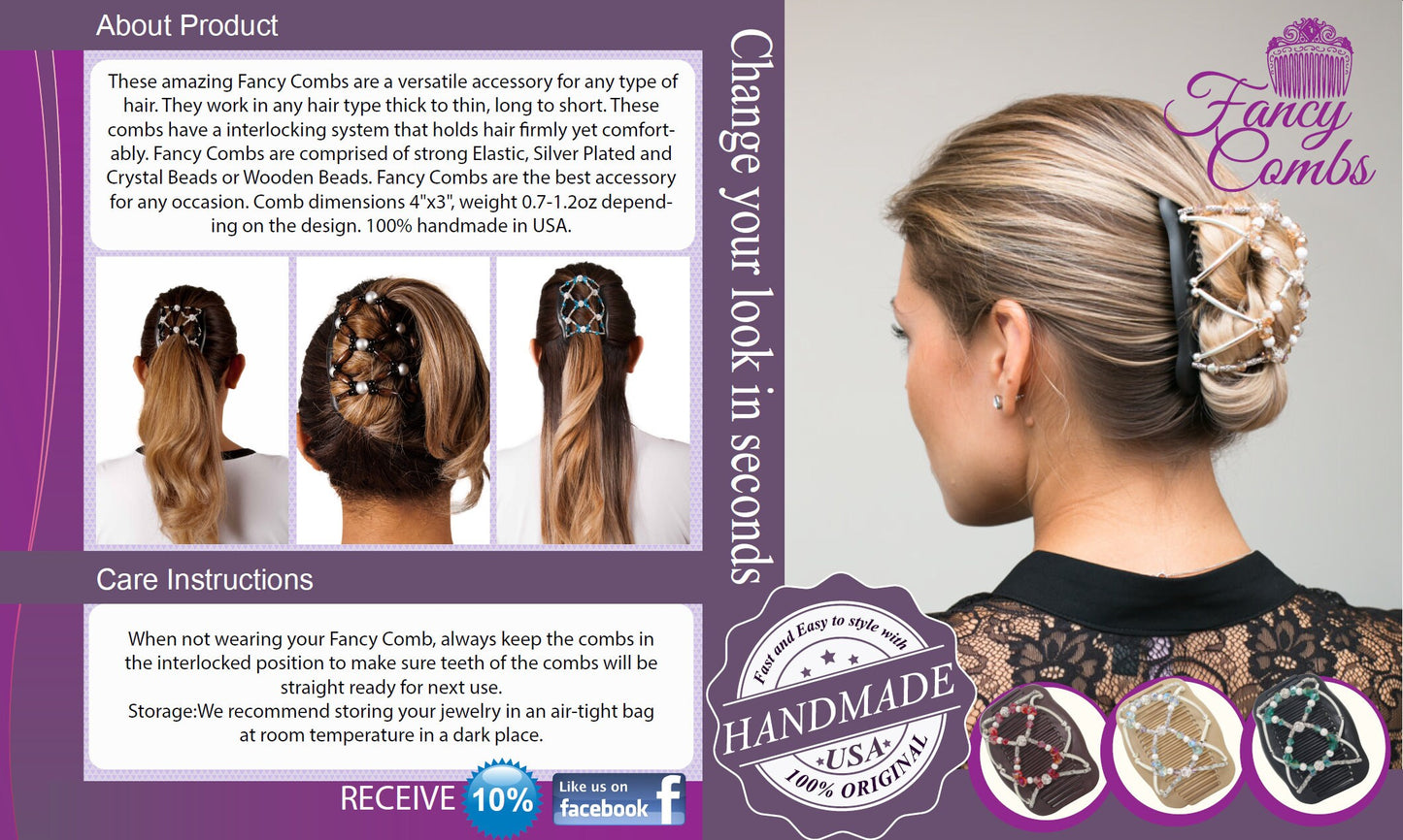 FANCY COMBS Premium Beaded Stretchy Double Hair Comb Clip -Bun Maker, Ponytail & French Twist Holder - Secure Hold All Day …