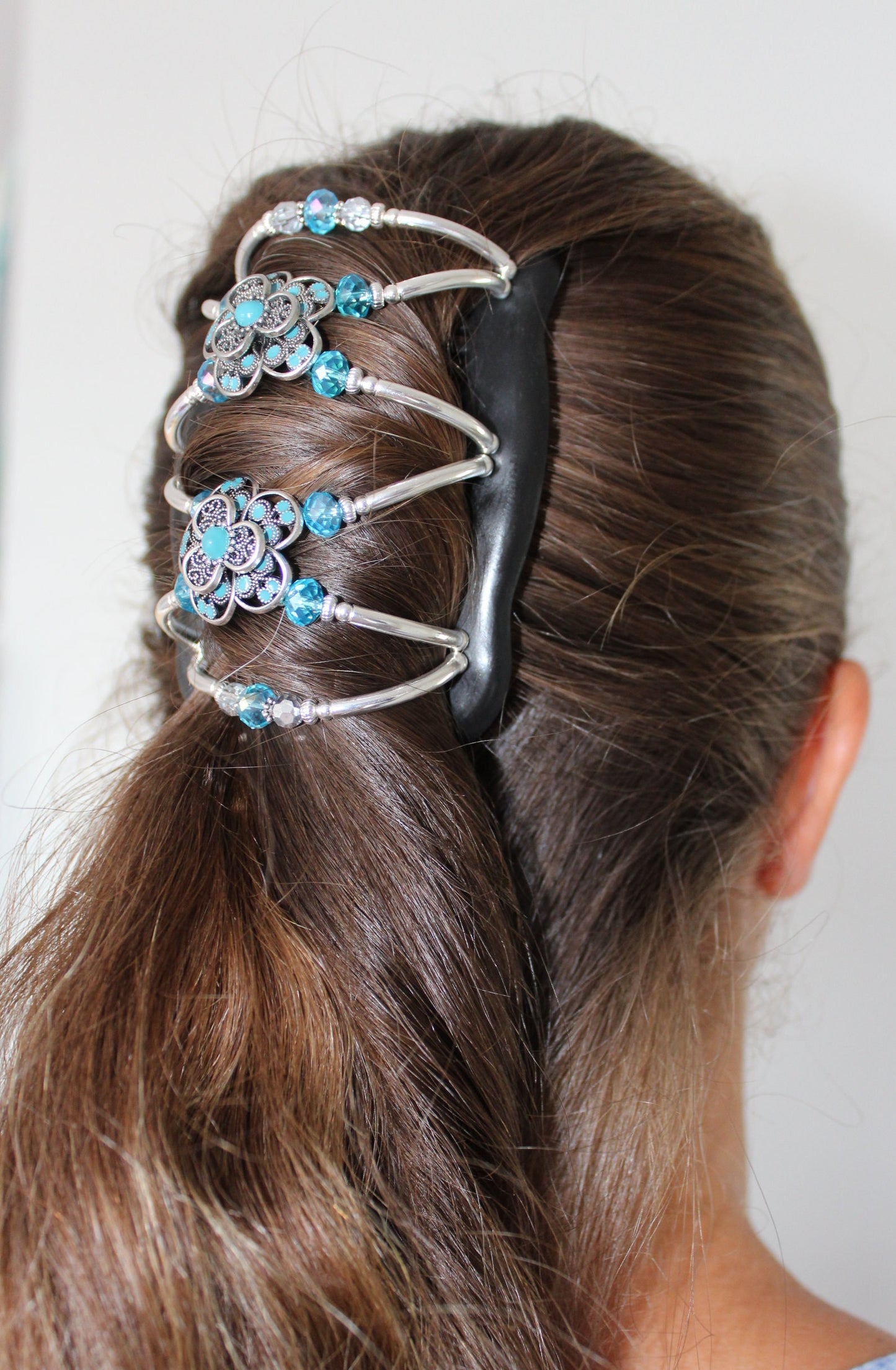 Turquoise Silver Plated Jeweled Hair Accessory, Flower Hair Clip, Fancy Magic Double Comb, Perfect French Twist Holder, Gift for Mom