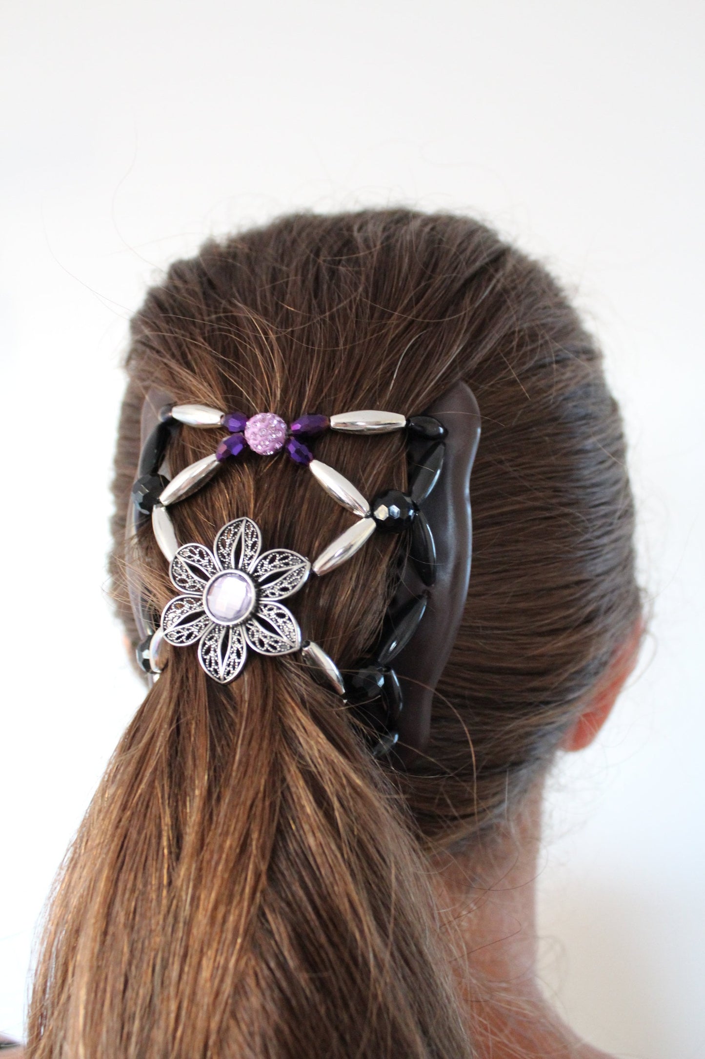 Purple Flower Hair Double Comb, Beaded Ponytail Holders, Hair Clip, Hair for Everyday, Holds Any Type of Hair, Hair Jewelry, Gift For Mom