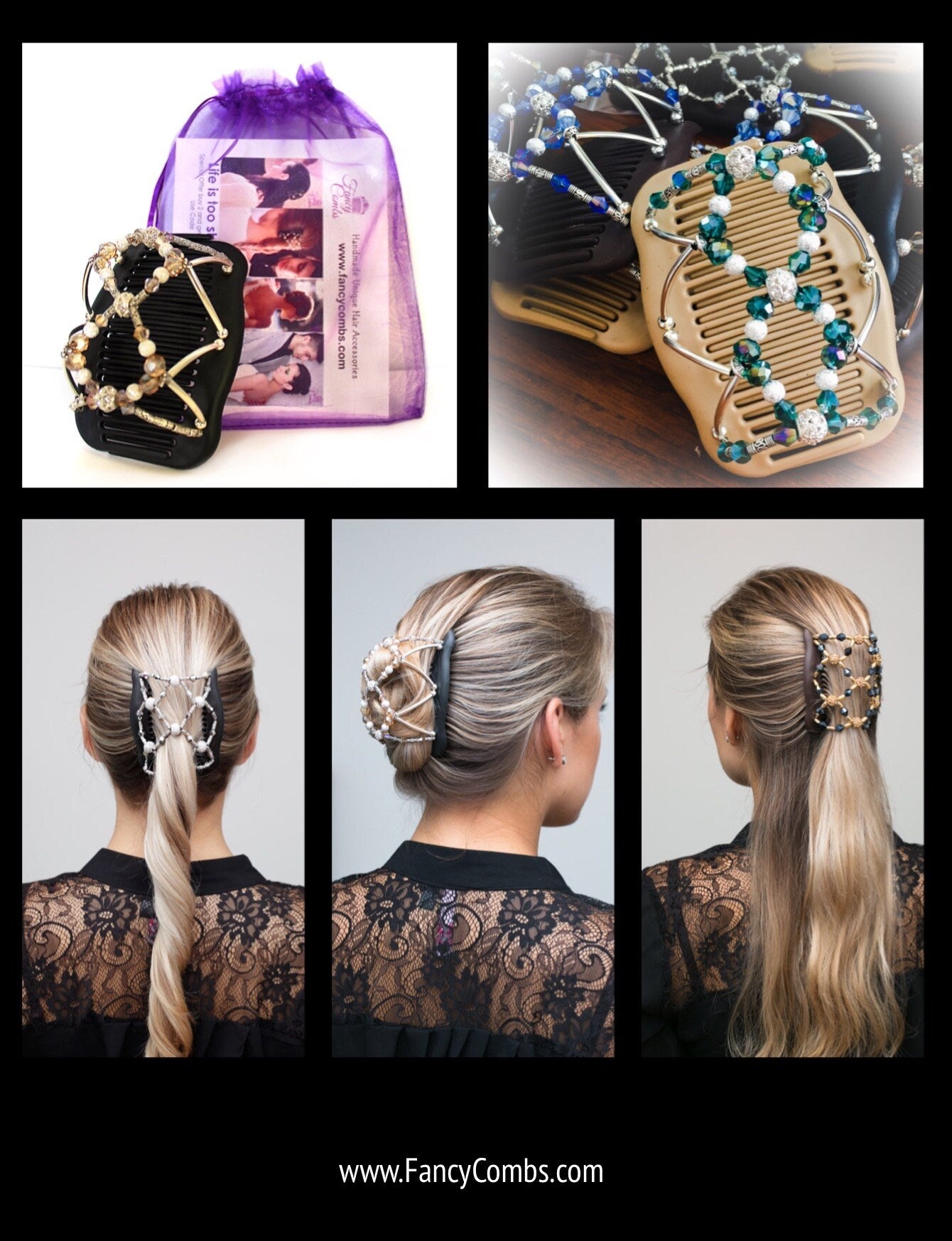 Silver Gold Decorative Hair Clip for Woman, For thin or thick Hair, Bun Maker, Hair Updo Holder, Double Combs Won't Slide Out.