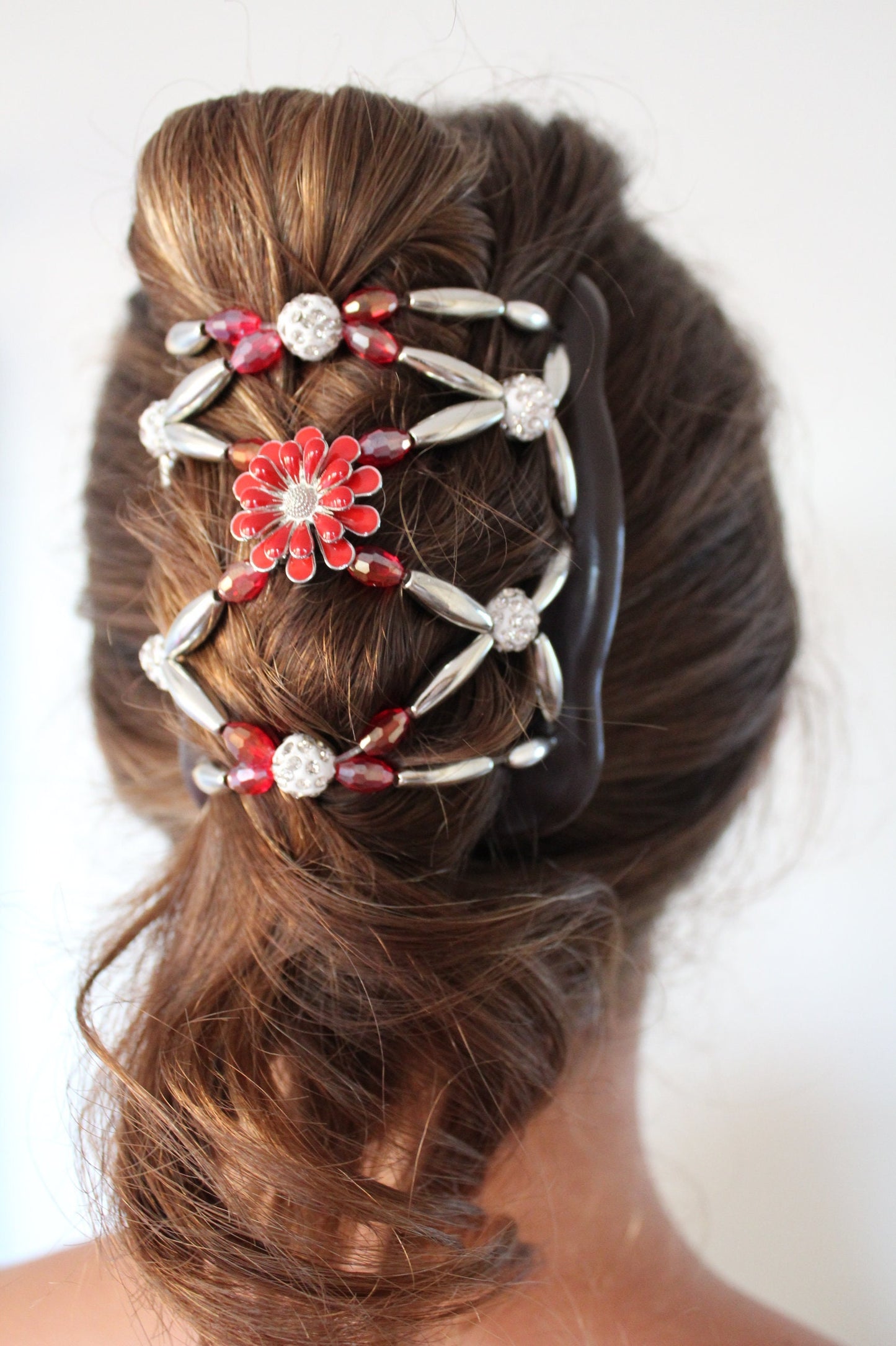 Double Comb with Red Flower Holds Any Type of Hair, Fancy Hair Bun Maker, Pony Tail, Hair Clip, Hair Accessory for Everyday, Hair Barrette