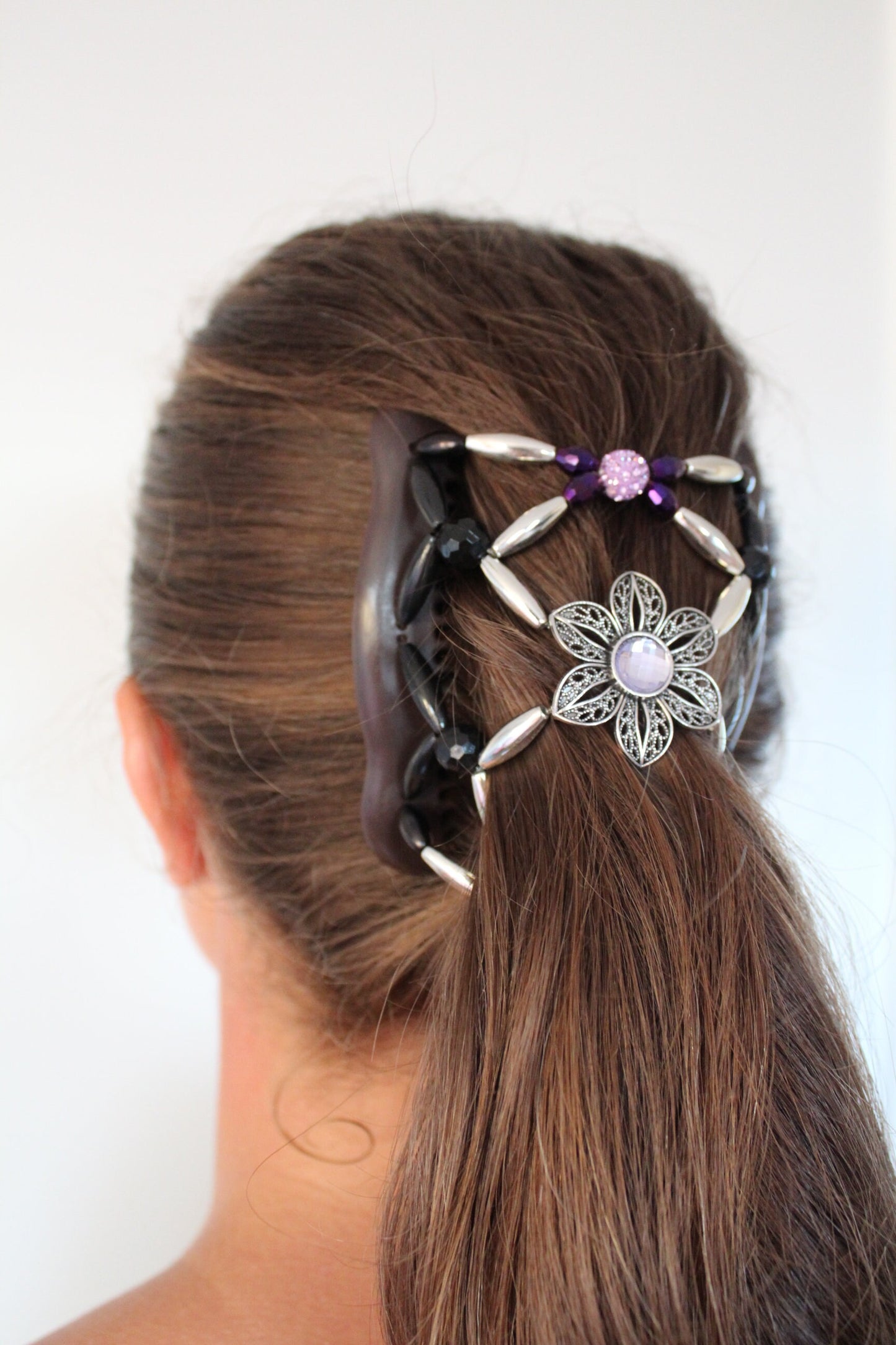 Purple Flower Hair Double Comb, Beaded Ponytail Holders, Hair Clip, Hair for Everyday, Holds Any Type of Hair, Hair Jewelry, Gift For Mom
