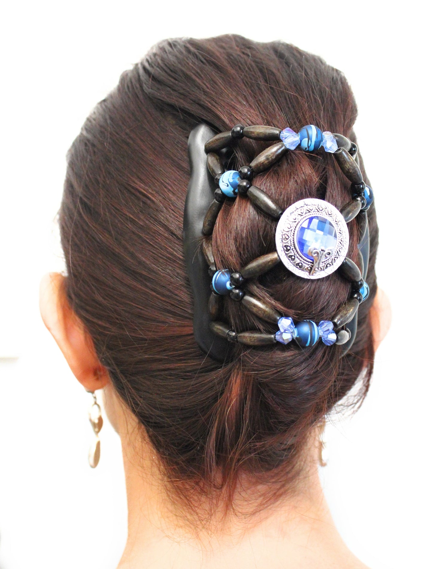 Gift for Mom, Decorative Hair Clip Comb, The Best Hair Accessory, Holds Thick and Long Hair, Wooden beads with Blue Stone, Double Hair Combs