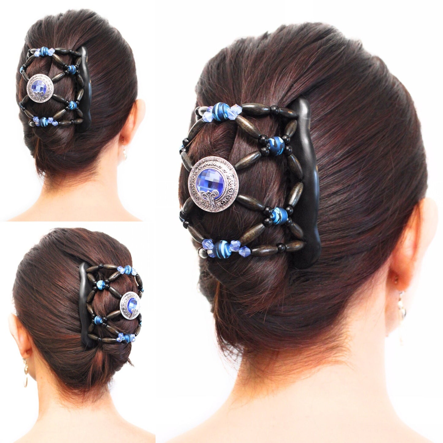 FANCY COMBS Wooden Thick Hair Clips, The Best Hair Accessories for Women – Bun Holder, French Twist Holder, Ponytail – Blue Beads Combs