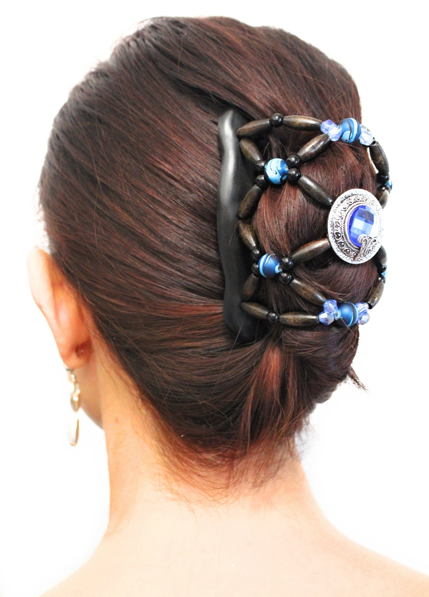FANCY COMBS Wooden Thick Hair Clips, The Best Hair Accessories for Women – Bun Holder, French Twist Holder, Ponytail – Blue Beads Combs