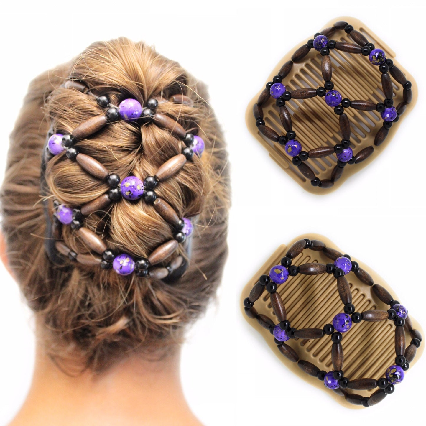 Wooden Hair Bun Maker, Pony Tail, Hair Clip, Hair for Everyday, Double Comb with Wooden Beads Holds Any Type of Hair, Purple Beads