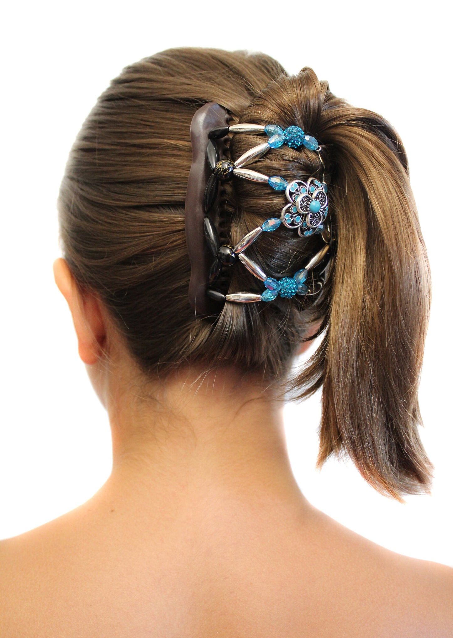 Turquoise Flower Hair Clip - Bun Holder, French Twist, Ponytail, Updo -Decorative Beaded Double Combs for Thick, Thin, Long and Shorter Hair