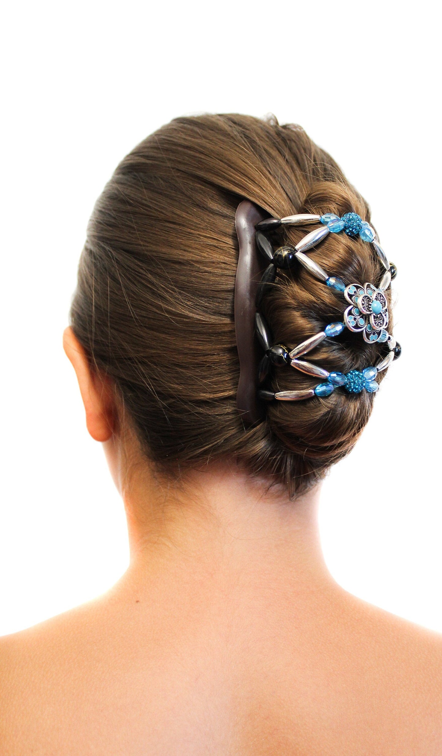 Turquoise Flower Hair Clip - Bun Holder, French Twist, Ponytail, Updo -Decorative Beaded Double Combs for Thick, Thin, Long and Shorter Hair