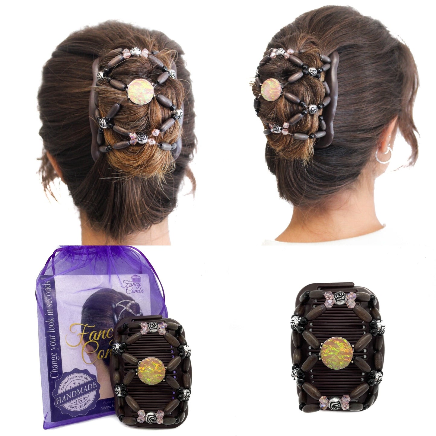 Fancy Combs Pink Hair Clip Bun Holder, Double Magic Stretchy Styling Accessory, Secure hold for Any Type of Hair, Better than Hair Claw Clip