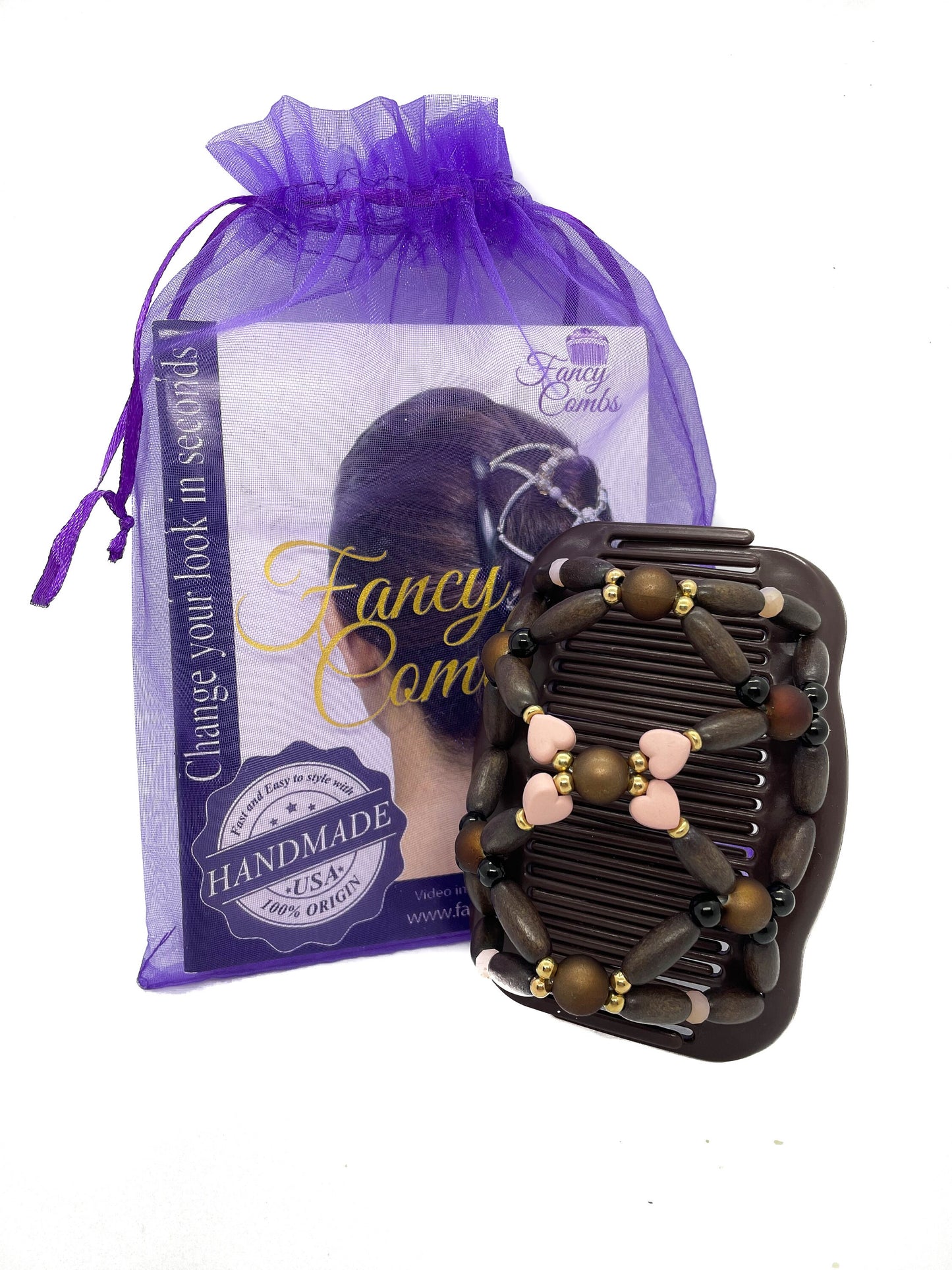 One of A Kind Fancy Combs Pink and Brown Hair Accessory for Women, Decorative Jewelry For Girls, Keeps Hair Secure All day, Stocking Stuffer
