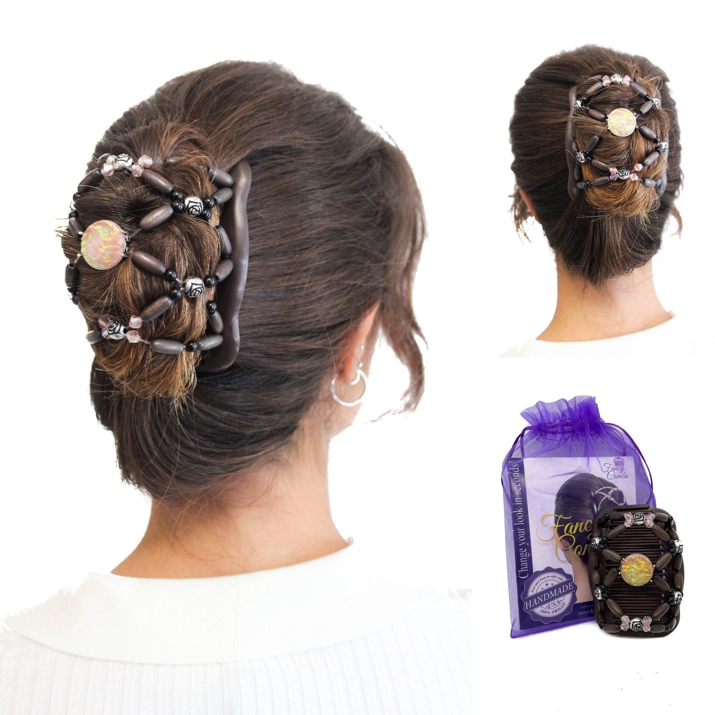 Fancy Combs Pink Hair Clip Bun Holder, Double Magic Stretchy Styling Accessory, Secure hold for Any Type of Hair, Better than Hair Claw Clip