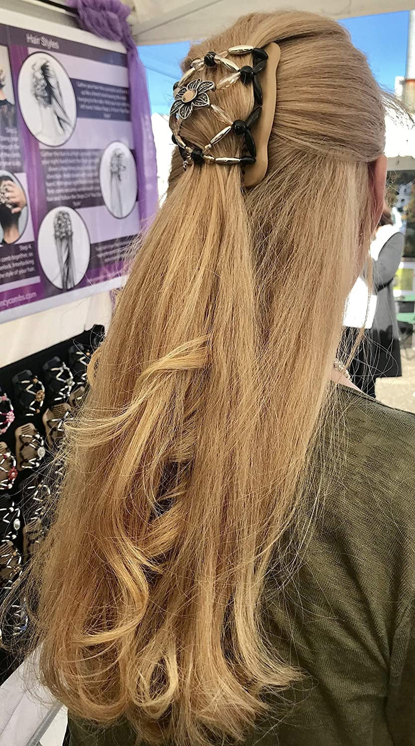 FANCY COMBS Gold Silver Hair Jewelry Classy Bun Maker, Beaded Stretchy Hair Accessory - Thick, Thin, Fine or Long, Shorter Hair, Secure Hold