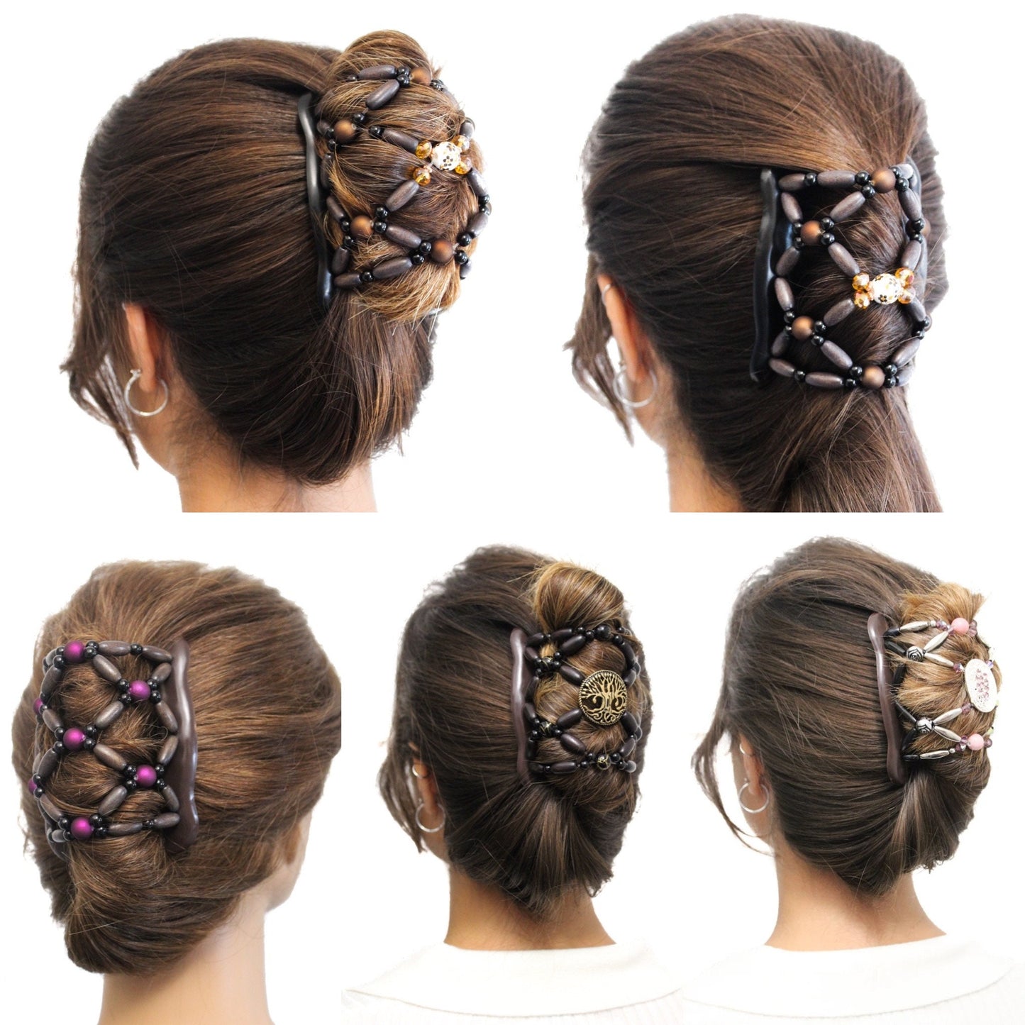 FANCY COMBS Gold Hair Jewelry Classy Bun Maker, Beaded Stretchy Hair Accessory Clip - Thick, Thin, or Long Shorter Hair Types, Secure Hold.