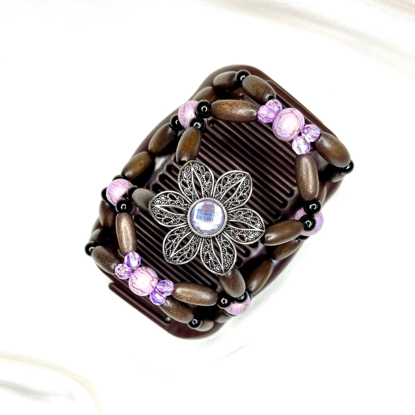 Purple Flower Hair Accessories, Natural Wooden Stretchy Double Combs, Holds Hair All Day, Best replacement for Claw Clips