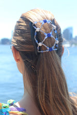 Decorative hair comb with blue crystals, double clip for fine and short hair, bun maker, pony tail holder, french twist holder all day.