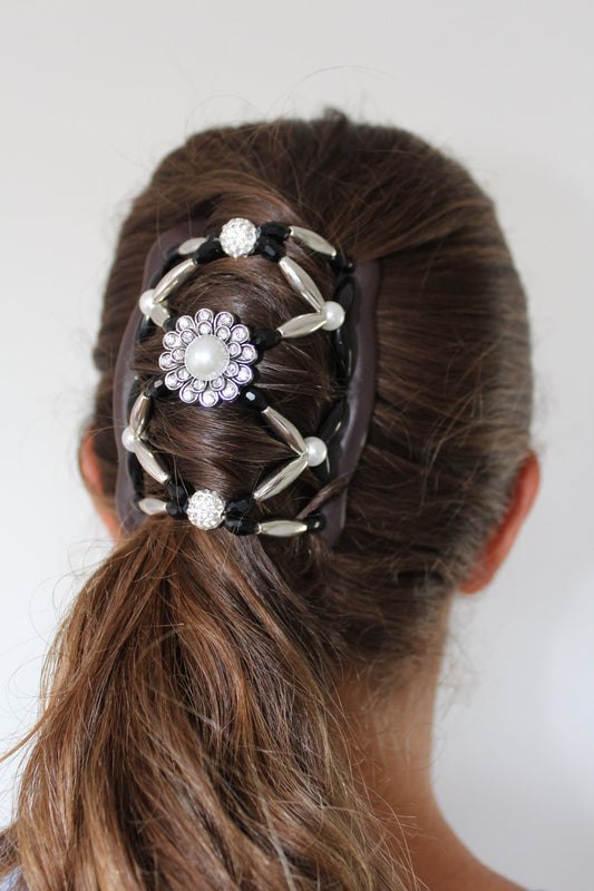 Fancy Flower Hair Clip with Black Crystals, Hair Bun, Bridal Accessory, Magic Hair Comb, Customize for Thick or Thin Hair