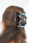 Silver Teal Flower Fancy Comb, Two Beaded Hair Combs with Elastic Holds Hair All day, Flower Clip, Present for Her