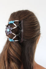 Silver Teal Flower Fancy Comb, Two Beaded Hair Combs with Elastic Holds Hair All day, Flower Clip, Present for Her