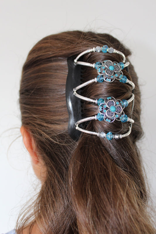 Turquoise Silver Plated Jeweled Hair Accessory, Flower Hair Clip, Fancy Magic Double Comb, Perfect French Twist Holder, Gift for Mom