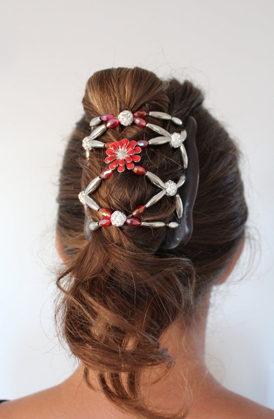 Double Comb with Red Flower Holds Any Type of Hair, Fancy Hair Bun Maker, Pony Tail, Hair Clip, Hair Accessory for Everyday, Hair Barrette