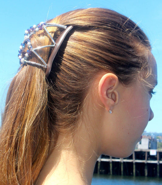 Fancy Hair Piece Beaded With Purple Crystals, Holds Hair All Day, Great Wedding, Bridal and Special Occasion Hair Clip, Fine or Thick Hair.