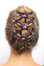 Wooden Hair Bun Maker, Pony Tail, Hair Clip, Hair for Everyday, Double Comb with Wooden Beads Holds Any Type of Hair, Purple Beads