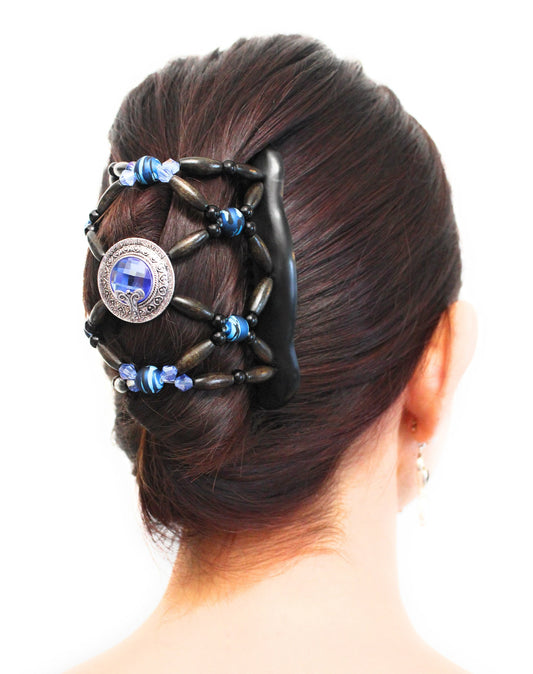 FANCY COMBS Wooden Thick Hair Clips, The Best Hair Accessories for Women – Bun Holder, French Twist Holder, Ponytail – Blue Beads Combs