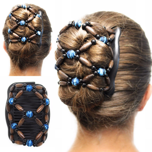 Wooden Hair Bun Maker, Pony Tail, Hair Clip, Hair for Everyday, Double Comb with Wooden Beads Holds Any Type of Hair