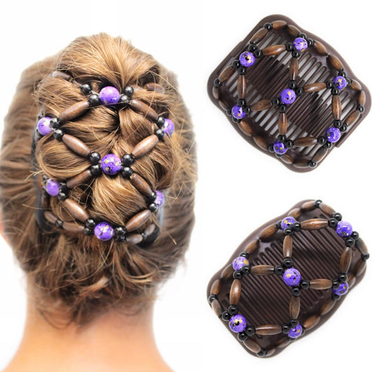 Wooden Hair Bun Maker, Pony Tail, Hair Clip, Hair for Everyday, Double Comb with Wooden Beads Holds Any Type of Hair, Purple Beads