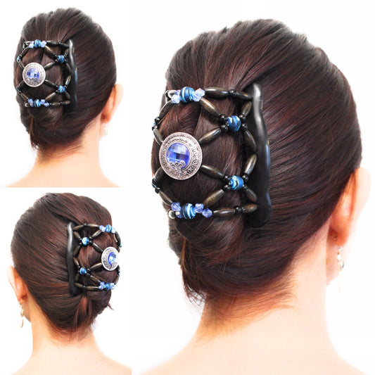 Gift for Mom, Decorative Hair Clip Comb, The Best Hair Accessory, Holds Thick and Long Hair, Wooden beads with Blue Stone, Double Hair Combs