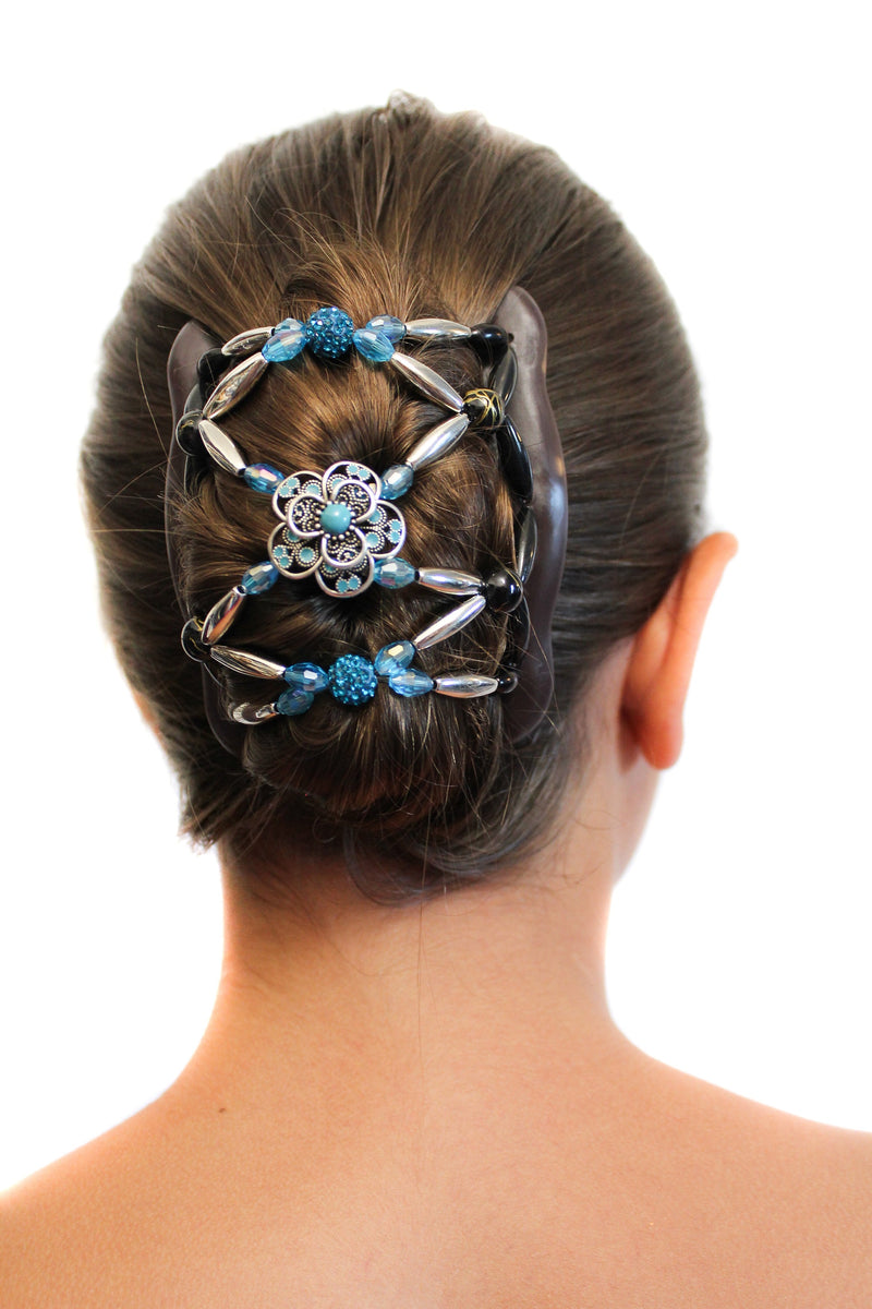 Turquoise Flower Hair Clip - Bun Holder, French Twist, Ponytail, Updo -Decorative Beaded Double Combs for Thick, Thin, Long and Shorter Hair