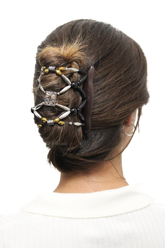 FANCY COMBS Gold Silver Hair Jewelry Classy Bun Maker, Beaded Stretchy Hair Accessory - Thick, Thin, Fine or Long, Shorter Hair, Secure Hold